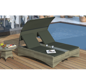 Patio Daybed Outdoor Daybed Outdoor Rattan Sun Lounger With Shelter Roof With Adjustable Backrest, S (Color: Grey)